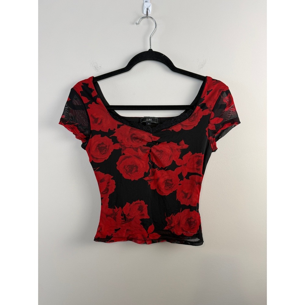 Vibe Sportswear Mesh Top Women S Red Rose Floral Lace Trim Sweetheart Neck Goth